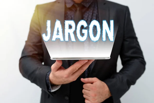Skriver text med Jargon. Business visa upp särskilda ord eller uttryck som används av ett visst yrke Presentera nya teknik Idéer Diskutera tekniska förbättringar — Stockfoto