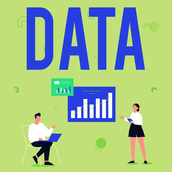 Bildunterschrift: Daten. Geschäftsansatz Stück Information Fakten und Statistiken als Referenz gesammelt Mann mit Laptop und Mädchen im Stehen Austausch von Ideen zur Verbesserung. — Stockfoto