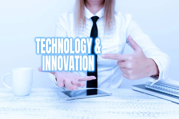 Text caption presenting Technology And Innovation. Internet Concept Application of better Solution for New Market Need App Developer Presenting New Program, Displaying Upgraded Device — Stock Photo, Image