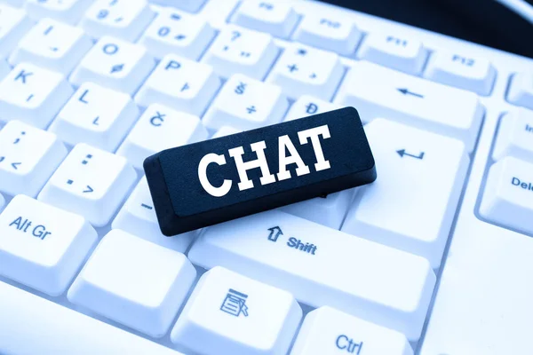 Inspiration visar tecken Chat. Word för att delta i en diskussion som innebär att skicka meddelanden via internet Skapa en ny bok, spela datorspel, Copywriting Nytt innehåll — Stockfoto