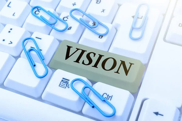 Text showing inspiration Vision. Word for ability to think about or plan the future with imagination or wisdom Typist Creating Company Documents, Abstract Speed Typing Ideas — Stock Photo, Image