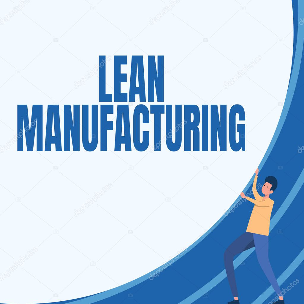 Text caption presenting Lean Manufacturing. Business overview Waste Minimization without sacrificing productivity Gentleman Drawing Standing Pushing Big Circular Object.