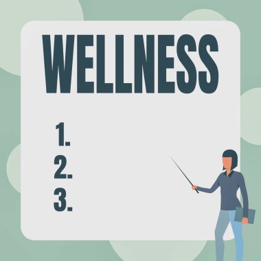 El yazısı Wellness. Sağlıklı olma durumu kavramının anlamı özellikle de boş tahtaya çubuk doğrulturken ayakta duran kadın not defterini aktif olarak takip ediyorsa..