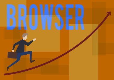 Kavramsal ekran tarayıcı. Bilgisayar programı için kelime Grafiksel kullanıcı arayüzü HTML dosyalarını görüntüleyen İşadamı Yukarı Okla Yukarı Doğru İşleyen Çantayı Tutuyor.