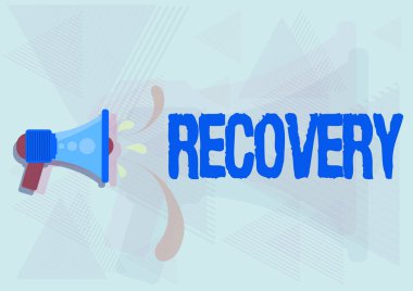 Conceptual caption Recovery. Conceptual photo the return to normal state of health mind or strength soon Illustration Of Megaphone Throwing Out Water Drops Making Announcement. clipart