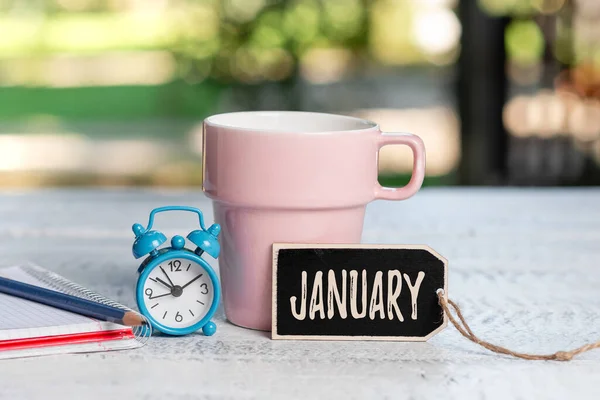 Bildunterschrift: Januar. Word Geschrieben am ersten Monat des Jahres und betrachtet den zweiten Monat des Winters Beruhigende und erfrischende Umgebung, Garten-Café-Ideen — Stockfoto