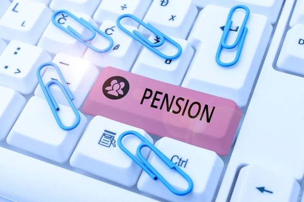 Text sign showing Pension. Conceptual photo Income seniors earn after retirement Saves for elderly years Abstract Typing Presentation Message, Retyping New Email Password — Stock Photo, Image
