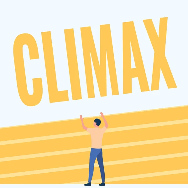 Inspiração mostrando sinal Climax. O negócio aproxima o ponto o mais elevado ou o mais intenso no desenvolvimento ou na resolução Homem atlético que está no campo da trilha que levanta ambas as mãos que mostram a celebração. — Fotografia de Stock