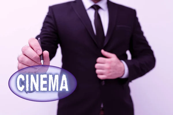 Textskylt som visar Cinema. Internet Concept teater där filmer visas för offentlig underhållning Film teater Presentera nya planer och idéer Demonstrera Planeringsprocess — Stockfoto