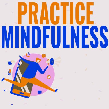 Kavramsal başlık: Farkındalık Uygulaması. İş konsepti bir rahatlama durumu yaratıyor. Bir çeşit meditasyon adamı telefon ile çalışan megafon çiziyor. Yorum yapıyor..