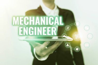 Kavramsal görüntü Mekanik Mühendisi. İş Fikri Mekanik Sistem Kadını için Mühendislik Disiplini Uygulandı Mobil Arabirim Teknolojisi ile Mobil Aygıt Sunumu.