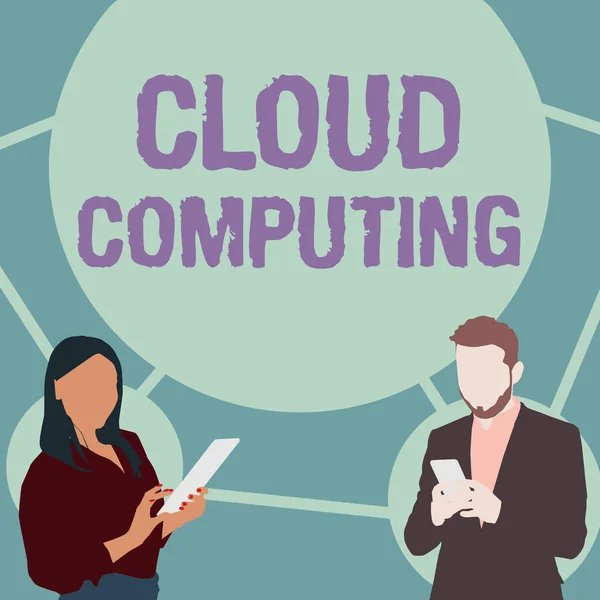 Titulek textu představující Cloud Computing. Word for use a network of remote servers hosted on the Internet Illustration Of Partners Busy Using Smartphone Searching Ideas. — Stock fotografie
