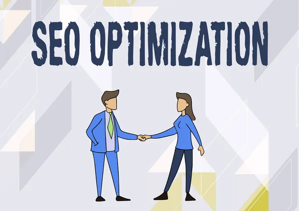 Концептуальная подпись Seo Optimization. Процесс обзора бизнеса, влияющий на онлайн видимость сайта или страницы Мужчина и женщина, стоящие лицом друг к другу, держась за руки. — стоковое фото