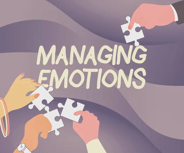Podpis tekstowy prezentujący Zarządzanie emocjami. Podejście biznesowe Kontrolowanie uczuć w sobie Zachowaj spokój Ilustracja rąk trzymając puzzle kawałki pomagając sobie nawzajem. — Zdjęcie stockowe