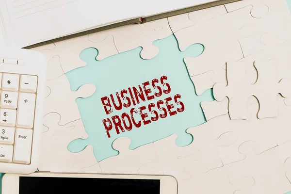 Text caption presenting Business Processes. Business concept Methods practices involves in running a commerce Building An Unfinished White Jigsaw Pattern Puzzle With Missing Last Piece — Stock Photo, Image