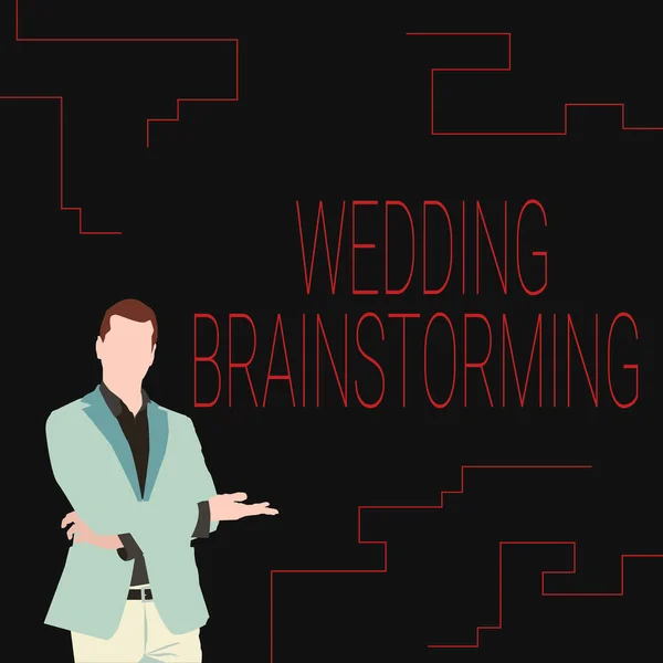 Didascalia di testo che presenta Wedding Brainstorming. Concetto Internet Sposarsi in un economico rompere la banca Illustrazione di uomo d'affari che indossa cappotto Presentando nuove idee meravigliose. — Foto Stock