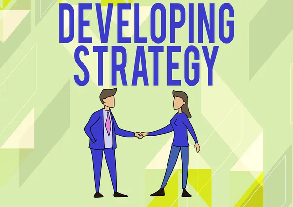 Teken Ontwikkelings Strategie. Bedrijfsoverzicht Organisaties Proces Veranderingen om doelstellingen te bereiken Man en vrouw staan tegenover elkaar hand in hand. — Stockfoto