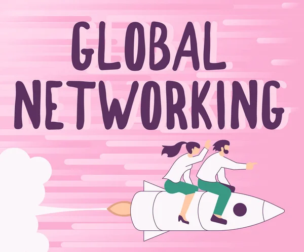 Writing displaying text Global Networking. Business idea Communication network which spans the entire Earth WAN Illustration Of Happy Partners Riding On Rocket Ship Exploring World.