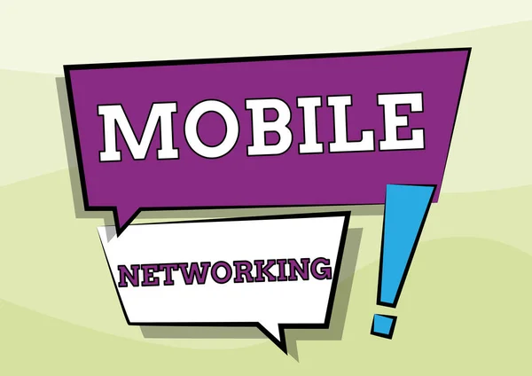 Podpis koncepcyjny Mobile Networking. Podejście biznesowe Sieć komunikacyjna, w której ostatnie ogniwo jest bezprzewodowe Dwa kolorowe skrzynki dialogowe z wykrzyknikiem. — Zdjęcie stockowe