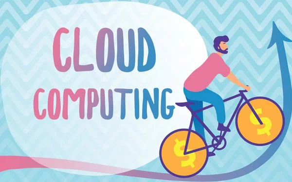 Написание отображения текста Cloud Computing. Word Watch использует сеть удаленных серверов, размещенных в Интернете Человек рисует велосипед с колесами обозрения. — стоковое фото
