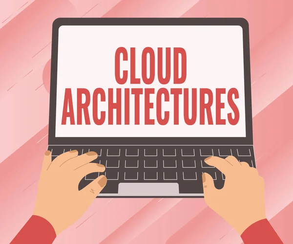 Exibição conceitual Cloud Architectures. Conceito que significa várias bases de dados projetadas Softwares Aplicações Ilustração de uma mão ocupada trabalhando no portátil à procura de ideias. — Fotografia de Stock