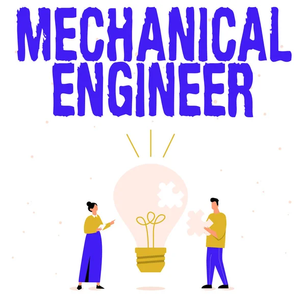 Handschriftliches Zeichen Maschinenbauingenieur. Konzept der angewandten Ingenieursdisziplin zur Illustration mechanischer Systeme von Partnern, die neue wunderbare Ideen zur Verbesserung der Fähigkeiten entwickeln. — Stockfoto