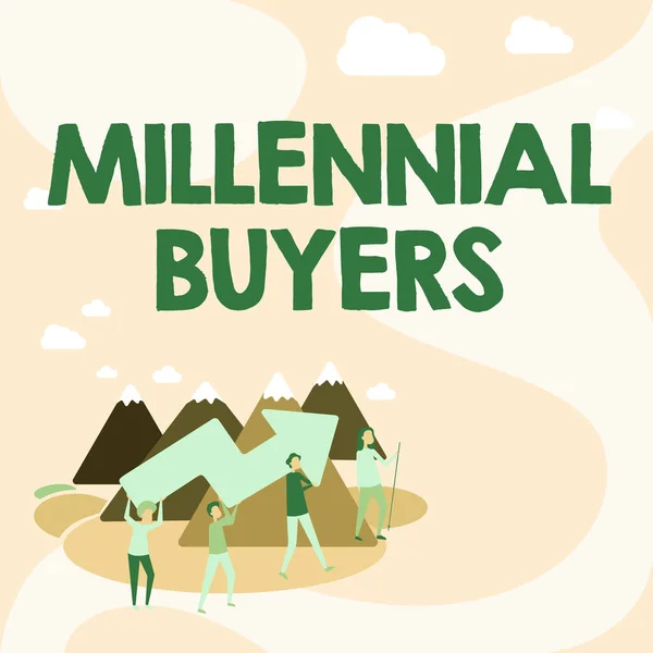Escrevendo exibindo texto Millennial Buyers. Conceito de negócio Tipo de consumidores que estão interessados em produtos de tendências Quatro Colegas Ilustração Escalada Montanha Segurando Grande Seta. — Fotografia de Stock