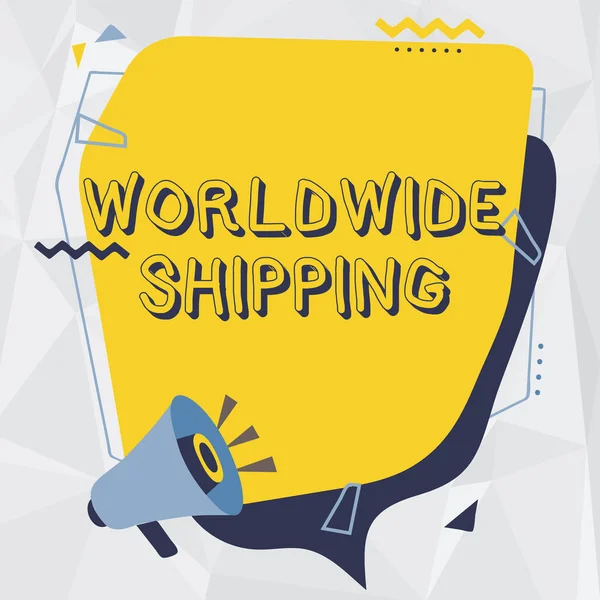 전 세계 발송을 보여 주는 문자 표지판. Business approach Sea Freight Delivery of Goods International Shipment Megaphone Drawing Making New Announcement To Chat Cloud. — 스톡 사진