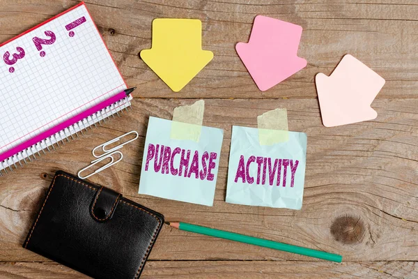 Writing displaying text Purchase Activity. Concept meaning Acquiring goods to achieve the goals of an organization Display of Different Color Sticker Notes Arranged On flatlay Lay Background — Stock Photo, Image