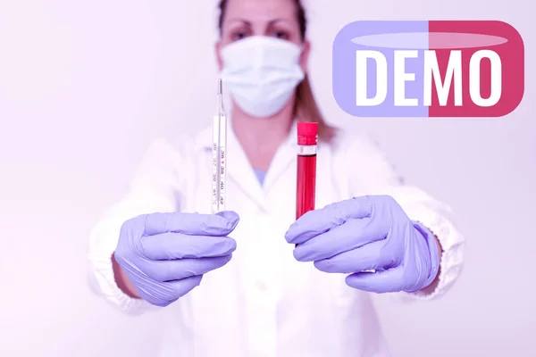 Teken Demo. Bedrijfsoverzicht Demonstratie van producttechnieken en -mogelijkheden Openbare vergadering Testen van nieuw vaccin voor het virus Presentatie van vaccinatie Klinische proeven — Stockfoto