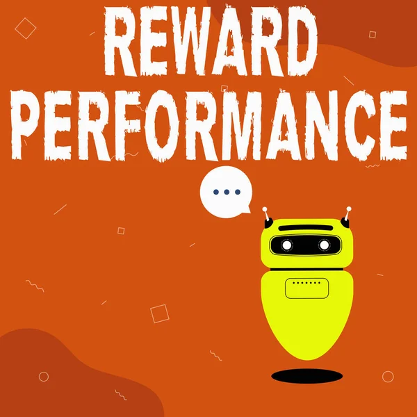 Handschrift Reward Performance. Concept betekent taxatie Erken werknemers Relative Worth to the company Illustration Of Cute Floating Robot Telling Information In A Chat Cloud. — Stockfoto