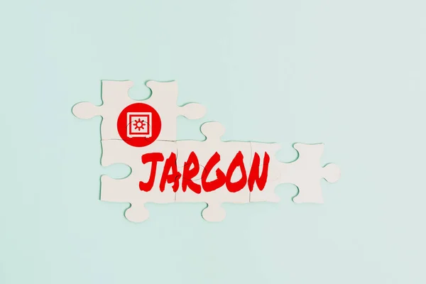 概念标题Jargon 。用在某一职业上的特殊词语或表达的单词建立一个未了的白色拼图拼图拼图与缺失的最后一个片断 — 图库照片