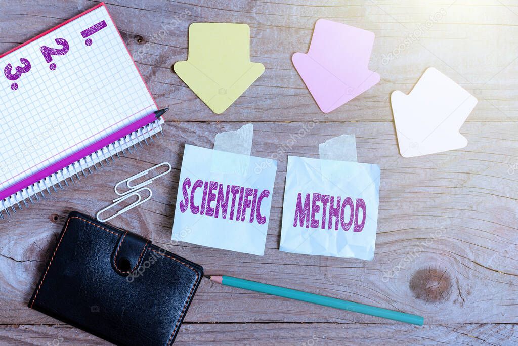 Text showing inspiration Scientific Method. Business approach Principles Procedures for the logical hunt of knowledge Display of Different Color Sticker Notes Arranged On flatlay Lay Background