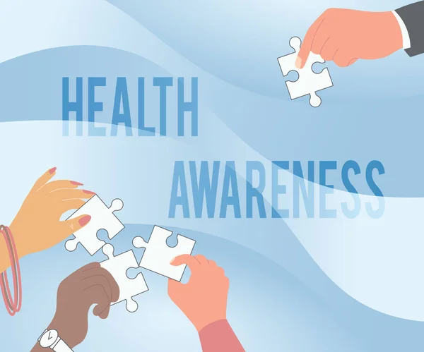 Text sign showing Health Awareness. Word for Promoting community issues and preventative action Illustration Of Hands Holding Jigsaw Puzzle Pieces Helping Each Others. — Stock Photo, Image
