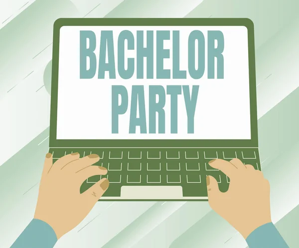 Inspiration showing sign Bachelor Party. Business showcase Party given for a man who is about to get married Stag night Illustration Of A Busy Hand Working On Laptop Searching For Ideas. — Stock Photo, Image