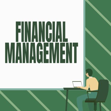 Mali Yönetim 'i gösteren bir mesaj. Masaya yerleştirilmiş büyük boş bir dizüstü bilgisayarla Para ve Yatırımcı Koltuğu Yönetimi için verimli ve etkili bir yöntem.