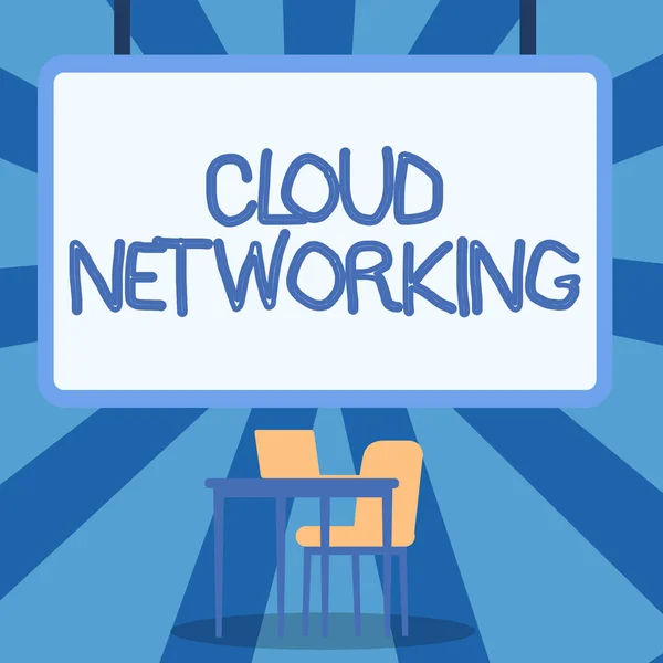 Podpis wyświetlający Cloud Networking. Przegląd biznesowy to termin opisujący dostęp do zasobów sieciowych Blank Whiteboard z laptopem umieszczonym na szczycie stołu z krzesłem. — Zdjęcie stockowe