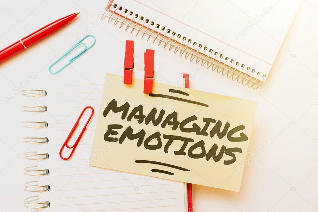 Conceptual display Managing Emotions. Concept meaning Controlling feelings in oneself Maintain composure Colorful Perpective Positive Thinking Creative Ideas And Inspirations