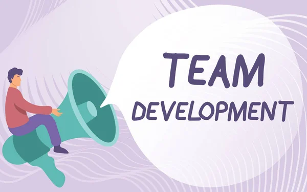 Text caption presenting Team Development. Word Written on learn why and how small groups change over time with graphs Gentleman Drawing Riding Big Megaphone Showing Speech Bubble. — Stock Photo, Image