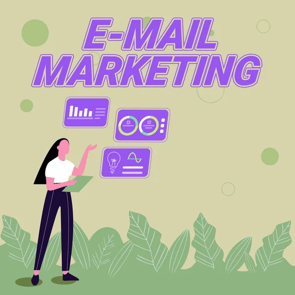 Konceptuální zobrazení E Mail Marketing. Business showcase Ecommerce Advertising Online prodej Newsletters Propagace Ilustrace dívčích sdílených nápadů pro dovednost Diskuse o pracovních strategiích. — Stock fotografie