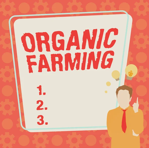 문서 작성 : Organic Farming. 비즈니스 개념은 새로운 놀라운 아이디어를 내놓고 있는 사업가의 지속 가능성 삽화를 위해 노력하는 통합 농업 시스템이다.. — 스톡 사진