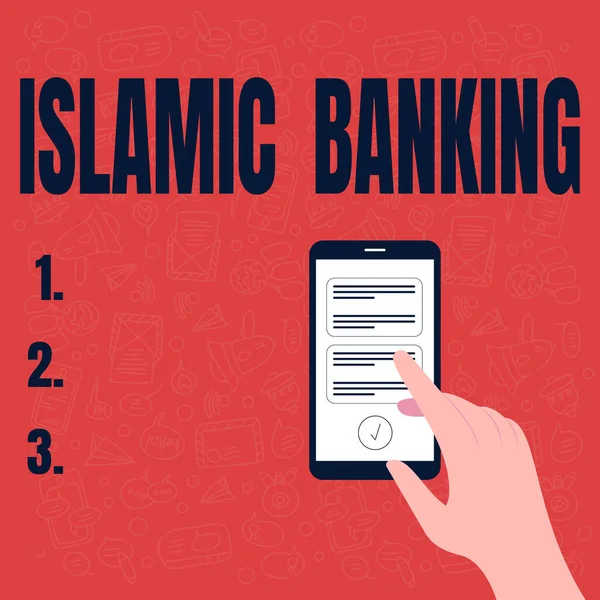 Inspirace ukazuje znamení islámského bankovnictví. Word Written on Banking system based on the principles of Islamic law Illustration Of Hand Using Smart Phone Texting New Important Messages. — Stock fotografie