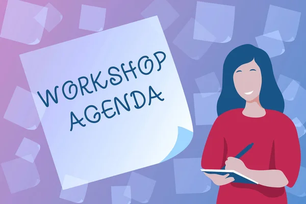 Handskriftsskylt Workshop Agenda. Concept mening hjälper dig att se till att din plats stannar på schemat Skriva nya student arbetsböcker, skapa och publicera online e-bok — Stockfoto
