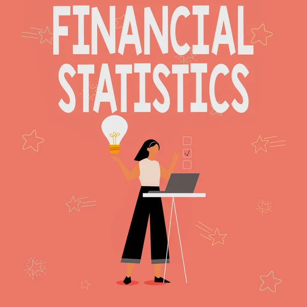 Conceptual caption Financial Statistics. Business approach Comprehensive Set of Stock and Flow Data of a company Illustration Of Girl Using Laptop Having Ideas And Making Checklist. — Stock Photo, Image