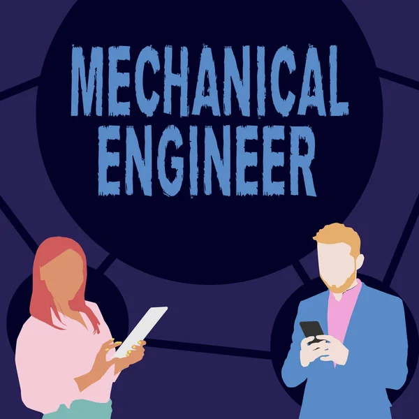 Bildunterschrift: Maschinenbauingenieur. Word for Applied Engineering Discipline for Mechanical System Illustration von Partnern, die mit Smartphones auf Ideensuche sind. — Stockfoto
