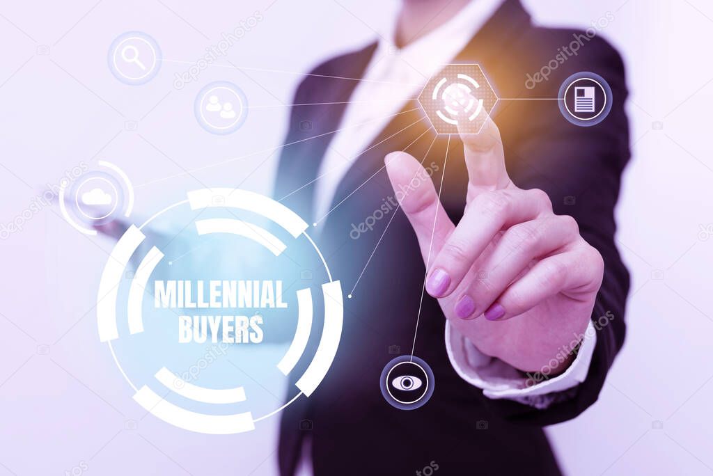 Conceptual caption Millennial Buyers. Word Written on Type of consumers that are interested in trending products Woman In Uniform Carrying Phone And Tapping Futuristic Display.