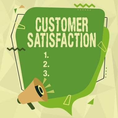 Metin başlığı Müşteri Memnuniyetini sunar. İş konseptini Aşan Tüketici Beklentisi, Megafon Çiziminin Sohbet Bulutuna Yeni Bir Açıklama Yapması Üzerine Tatmin Edildi.