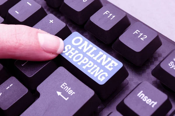 Text sign showing Online Shopping. Concept meaning allows consumers to buy their goods over the Internet Compiling And Typing Online Research Materials, Sending Chat Messages — Stock Photo, Image