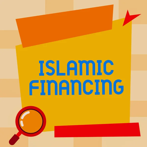 显示伊斯兰融资迹象的灵感。符合伊斯兰法的商业概念、银行业务活动和投资在空白公告栏中放大玻璃绘图查找证据. — 图库照片
