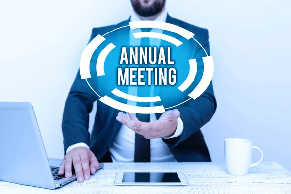 Hand writing sign Annual Meeting. Concept meaning Yearly gathering of an organization interested shareholders Remote Office Work Online Smartphone Voice And Video Calling